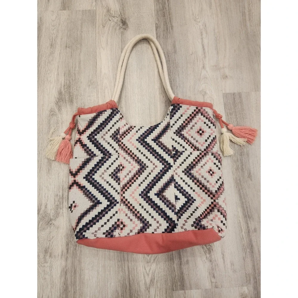 Boho Cotton Tote Or Beach Bag‎ Made in India Geometric Ikat Rope Handles Tassels